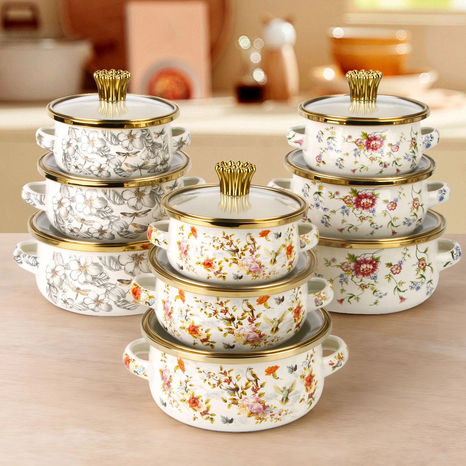 3 Pcs Floral Enamel Cookware Set with Glass Lid – Premium Cooking Pot Set for Modern Kitchen