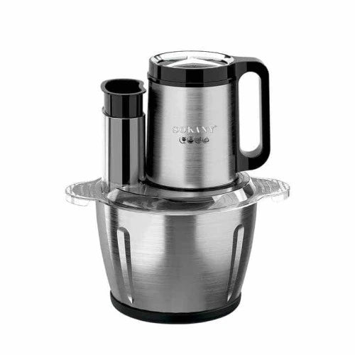 Stainless steel kitchen chopper with black accents on a white background