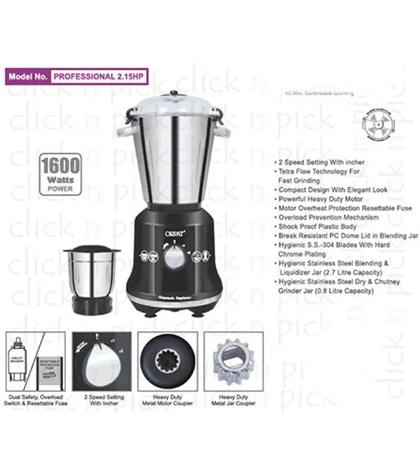 Orpat Heavy Duty Mixer Grinder & Blender 1600 Watt - KT Bazar BD Shop
