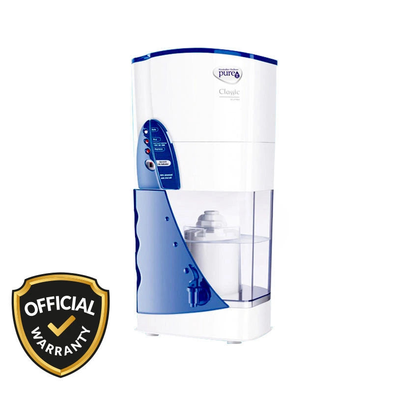 White and blue water purifier with 'Official Warranty' badge on a white background