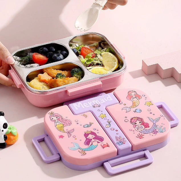 Cute 3-Section Children's Lunch Box + Spoon - Leak-Proof School Lunch Box
