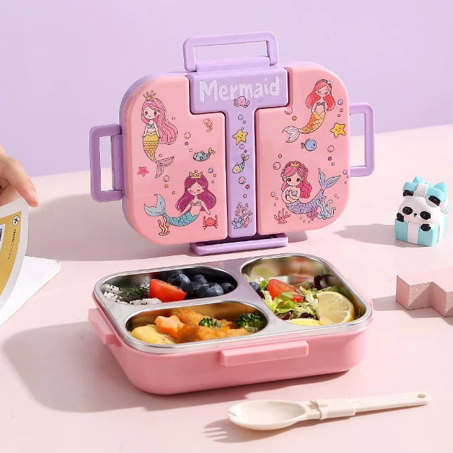 Cute 3-Section Children's Lunch Box + Spoon - Leak-Proof School Lunch Box